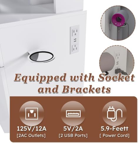 Makeup Vanity Desk with Mirror and Lights, Vanity Table Set with Storage Drawers, Charging Station & Storage Stool, Large Dressing Table for Women Girls Bedroom, White