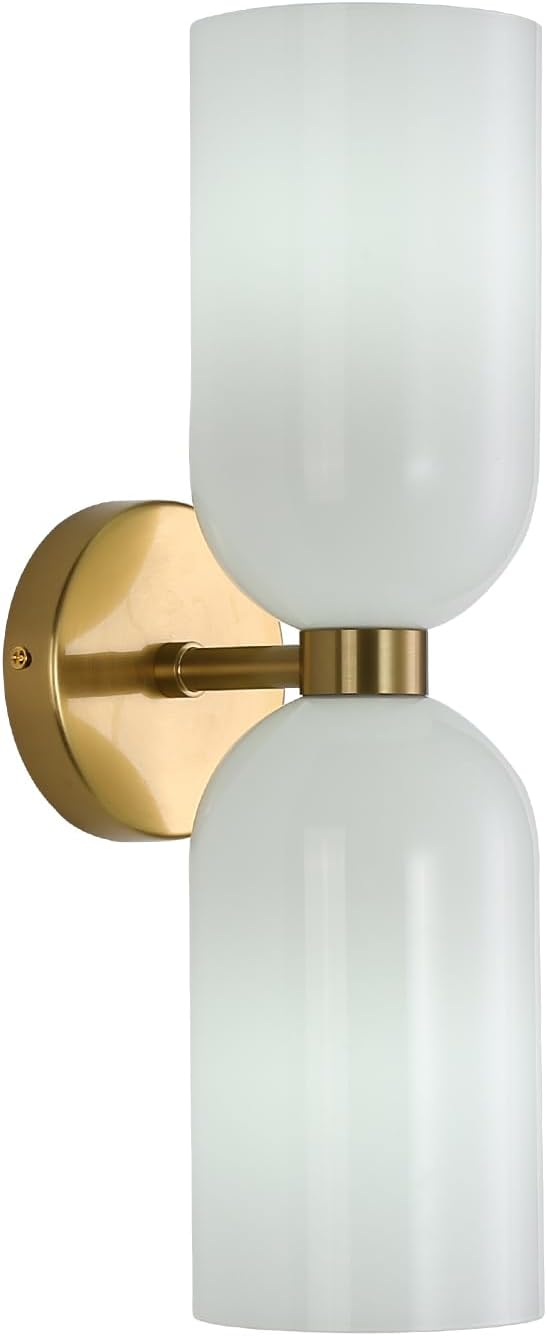 Minimalist 2-Light Gold Wall Sconces with Cylinder Glass Shades- Mid Century Vanity Wall Double Lights Hardwired- Modern Indoor Glass Wall Mounted Art Decor Lights (Milky White, 1 Pack)