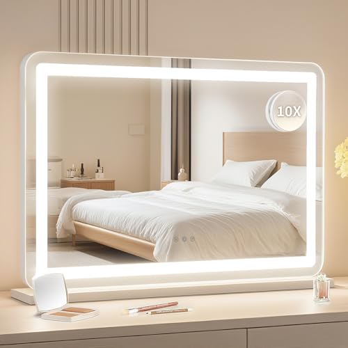GarveeHome 30.15 in x20.19 in Lighted Makeup Mirror£¬Led Makeup Mirror,Three Color Lighting Modes, and 10X Magnification Mirror, Smart Touch Control,2 in-1 Vanity Mirror Both Tabletop and Wall-Mounted