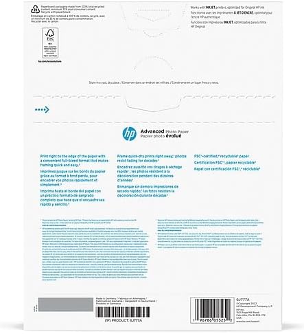 HP Advanced Photo Paper, Glossy, 65 lb, 8 x 10 in., 203 x 254 mm, 25 sheets