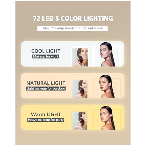 Travel Mirror with Lights Makeup Mirror Touch Screen 3 Colors Light 72 LEDs Rechargeable, 1000mHA 7.9x5.3-Inch Desk Compact Mirror White