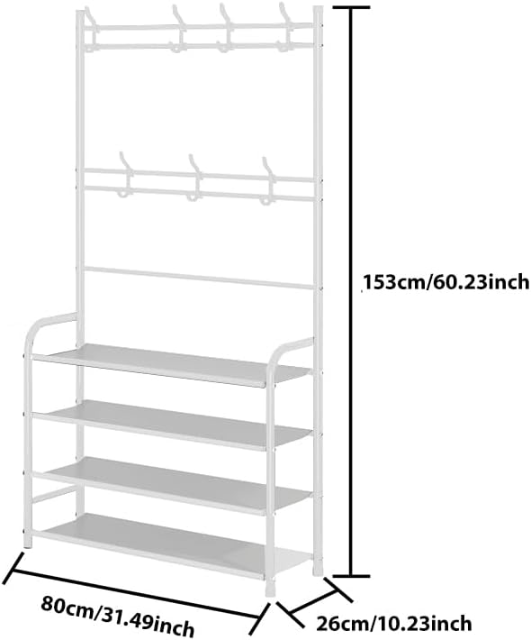 UDEAR Entryway Coat and Shoe Rack,3-in-1 Hall Tree Multifunctional Storage Shelf with 4-Tier Shoe Bench and 8 Hooks,16-20 Pairs of Shoes,Easy Assembly,for Entrance Foyer Bedroom Barthroom,White