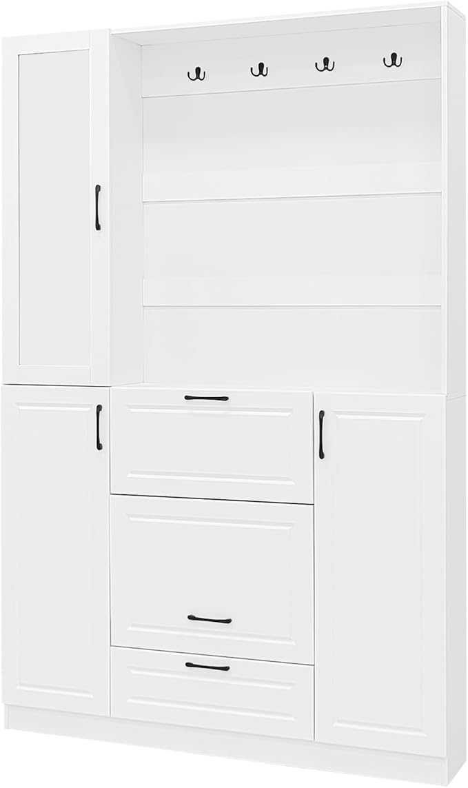 51.1'' Hall Tree with 4 Sturdy Hooks and Foldable Seat, 3-in-1 Design and Mirrored Cabinet Door, Entryway Bench with Integrated Shoe Cabinet for Living Room