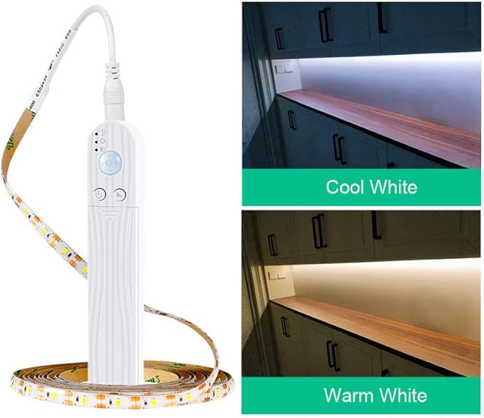 LED Under Cabinet LED Strip Motion Sensor, Battery Powered Bed Stairs Wardrobe Lamp Tape, Waterproof 5V LED Closet Smart Night Strip Light (1M, Cold White)