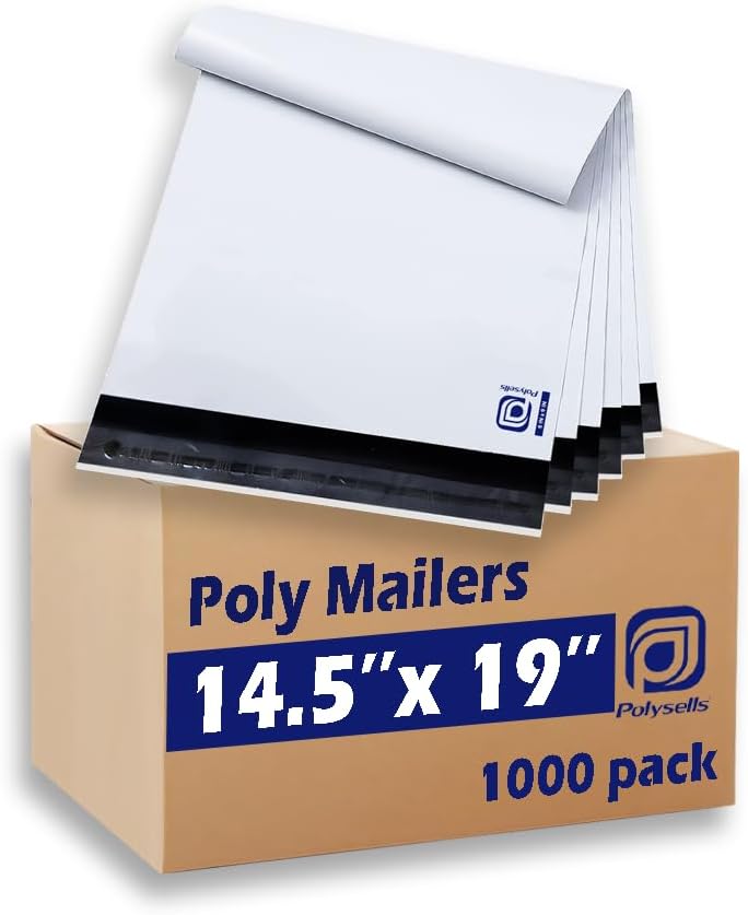 POLYSELLS Poly Mailers Shipping Envelopes, Strong Adhesive Sealing, Waterproof, and Tear-resistant Postal Mailing Bags. Mailer Bags for clothing, books, and accessories. (White, 14.5x19 Inch, 1000 pc)