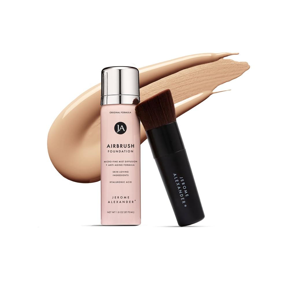 MagicMinerals AirBrush Foundation by Jerome Alexander – 2pc Set with Airbrush Foundation and Kabuki Brush - Spray Makeup with Anti-aging Ingredients for Smooth Radiant Skin - Warm Beige