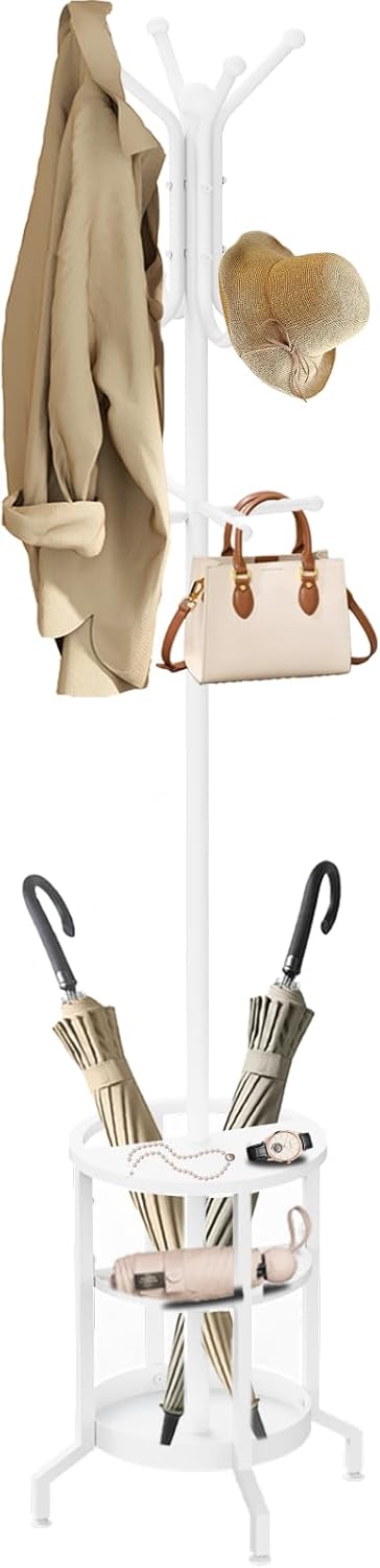 Coat Rack Freestanding, Coat Stand with Umbrella Holder, Metal Coat Tree with 12 Hooks, Coat Hanger Stand for Entryway, Coat Rack Stand for Bedroom, Living Room & Office