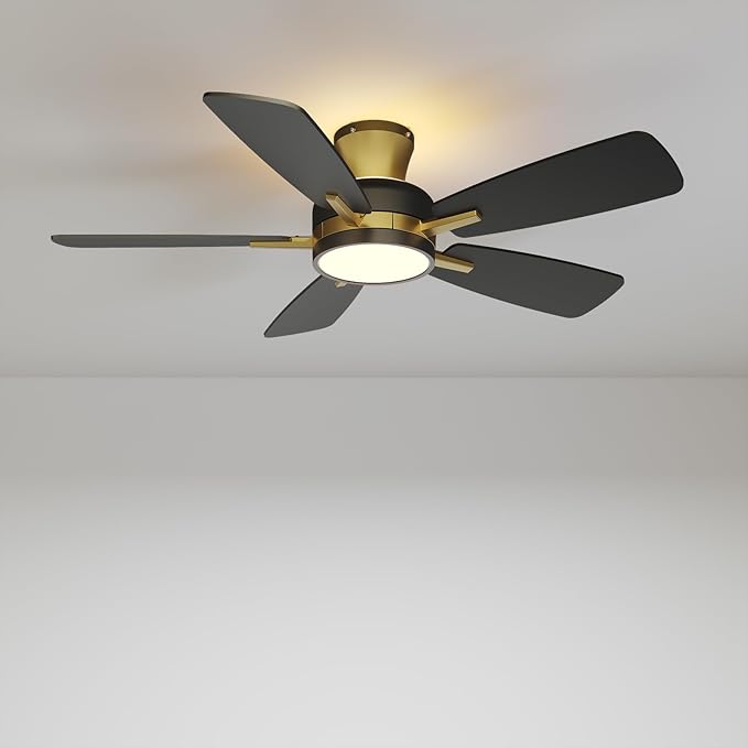 TALOYA Ceiling Fans with Lights and Remote, 46 Inch Low Profile Ceiling Fan with Light, Flush Mount, Reversible, 3CCT, Dimmable Modern Ceiling Fan for Bedroom, Living Room, Outdoor Patio, Black Gold