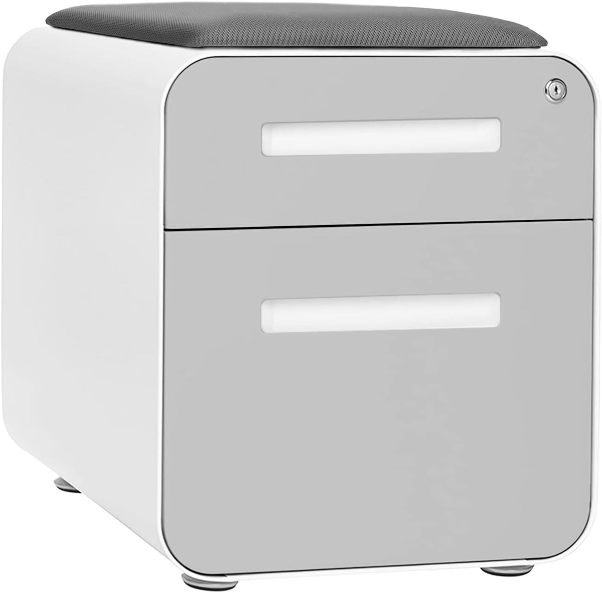Laura Davidson Furniture STOCKPILE Mini Seated 2 Drawer Mobile File Cabinet with Removable Magnetic Cushion Seat - Short Version, Metal Filing Cabinet, Pre-Assembled, Light Grey Face with Grey Cushion