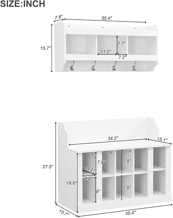 Contemporary Shoe Storage Bench with Wall Mounted Coat Rack, Elegant Hall Tree for Entryway, Mudroom, White