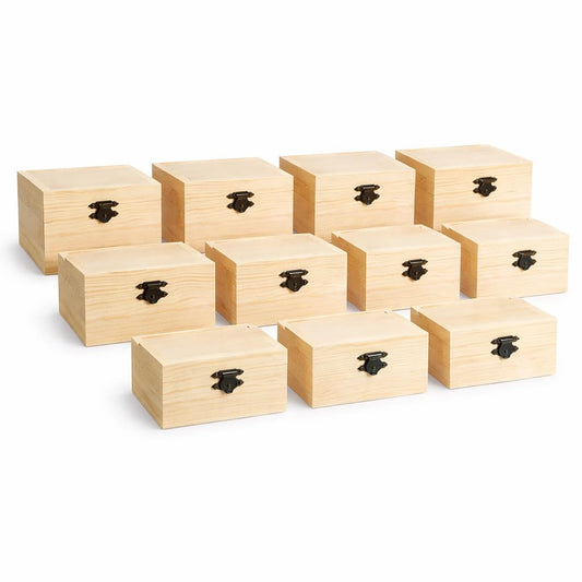 Oojami 12 Pc Rectangle Unfinished Wood Box Natural DIY Craft Stash Boxes with Hinged Lid and Front Clasp for Arts Hobbies Comes in 2 Different Sizes