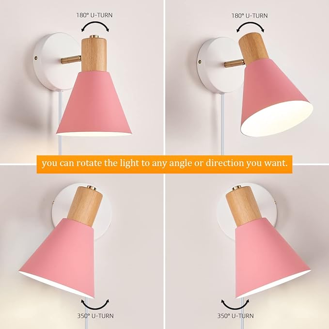 ClanKin Wall Sconces Lighting Set of 2 for Bedroom, Black Dimmable Wood Style Wall Sconce Reading Lamp, Adjustable Wall Light for Bedroom Hallway Living Room (Pink-Plug in, 2)
