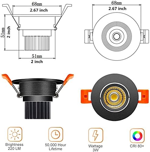 LightingWill 2inch LED Dimmable Downlight, 3W COB Recessed Ceiling Light, Ultra Warm White 2700K, CRI80, 25W Halogen Bulbs Equivalent, Black (4Pack)