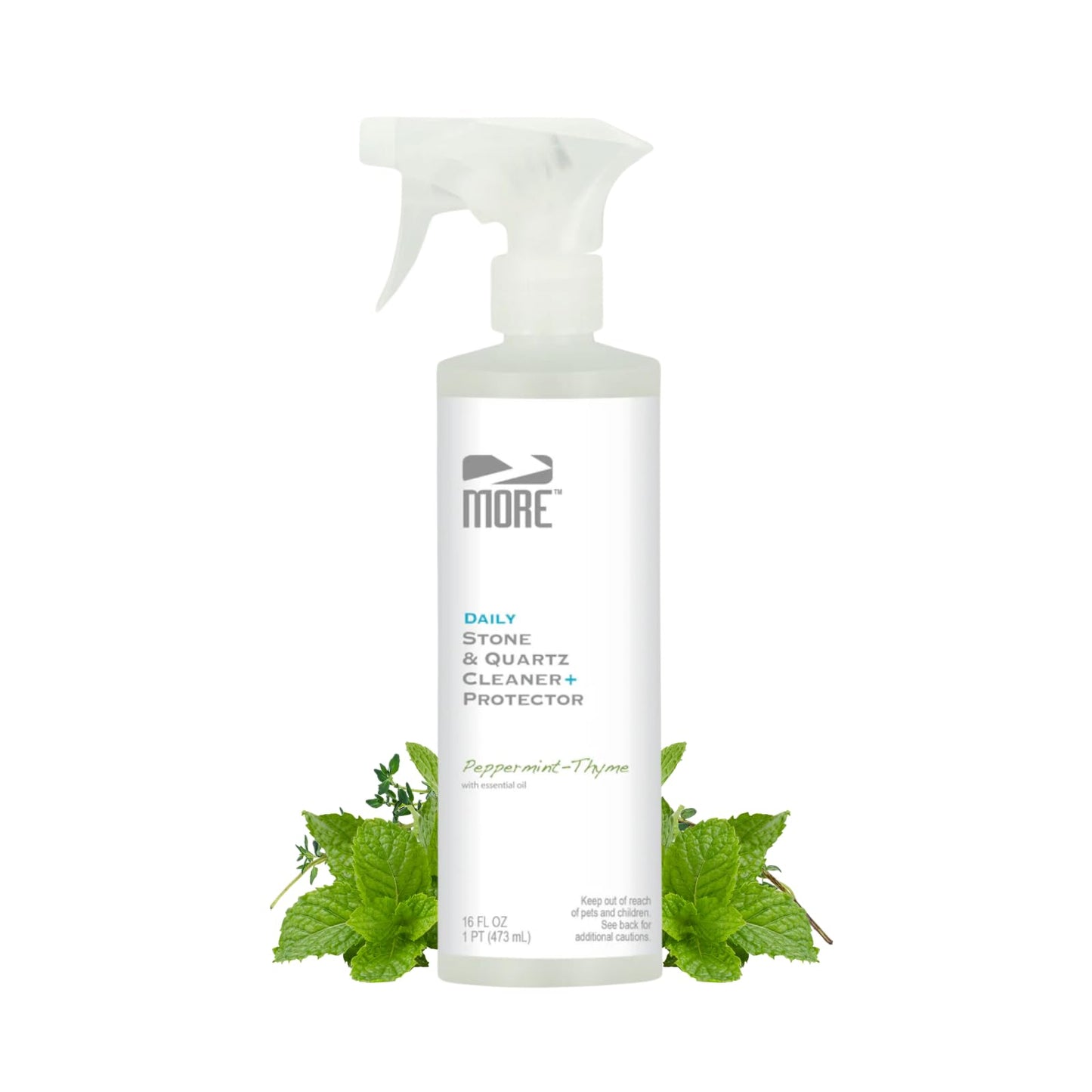 MORE Stone & Quartz Cleaner + Protector - Water-Based Surface Spray - Granite, Quartz & Marble Cleaner - For Kitchen & Bathroom Countertops & Floors - Peppermint-Thyme Essential Oil - Pint (16oz)