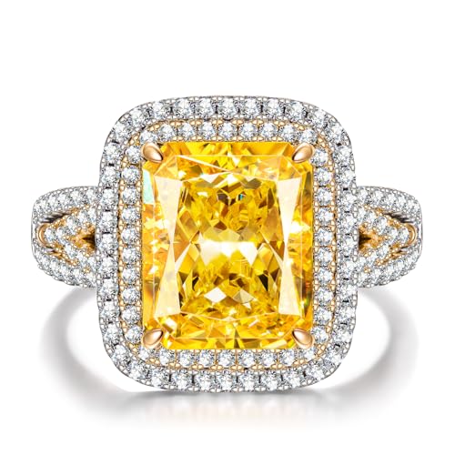GONA 5CT Yellow Diamond Ring Radiant Cut 11×9MM VVS Fancy Vivid Yellow Statement Ring, Tarnish-Resistant Silver Gold-Plated Halo, Luxury Jewelry Gift for Engagement, Anniversary, Cocktail or Promise