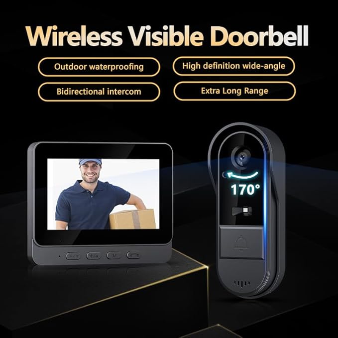 Wireless Doorbell Camera No Subscription with 4.3" Monitor,Waterproof 1080P Video Intercom No WiFi/App Needed, 170° Wide Angle Door Bell with Night Vision, Local Recording for Home/Apartment/Seniors