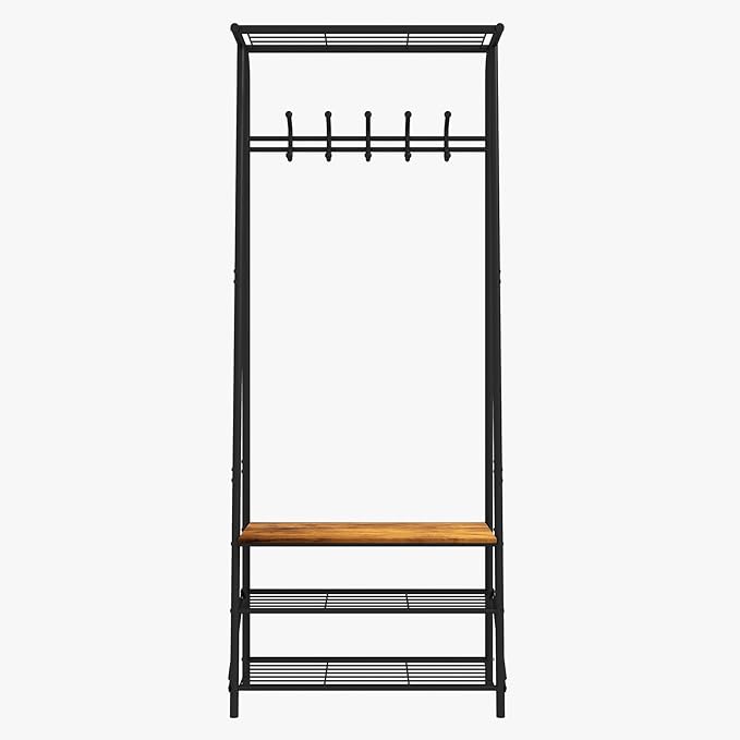 4-In-1 Hall Tree Entryway Organizer with 5 Hooks and Shoe Storage Bench, Sturdy Metal Frame, Wood Look Accent for Coat, Hat, and Bag Organization in Entryway, Living Room, or Bedroom
