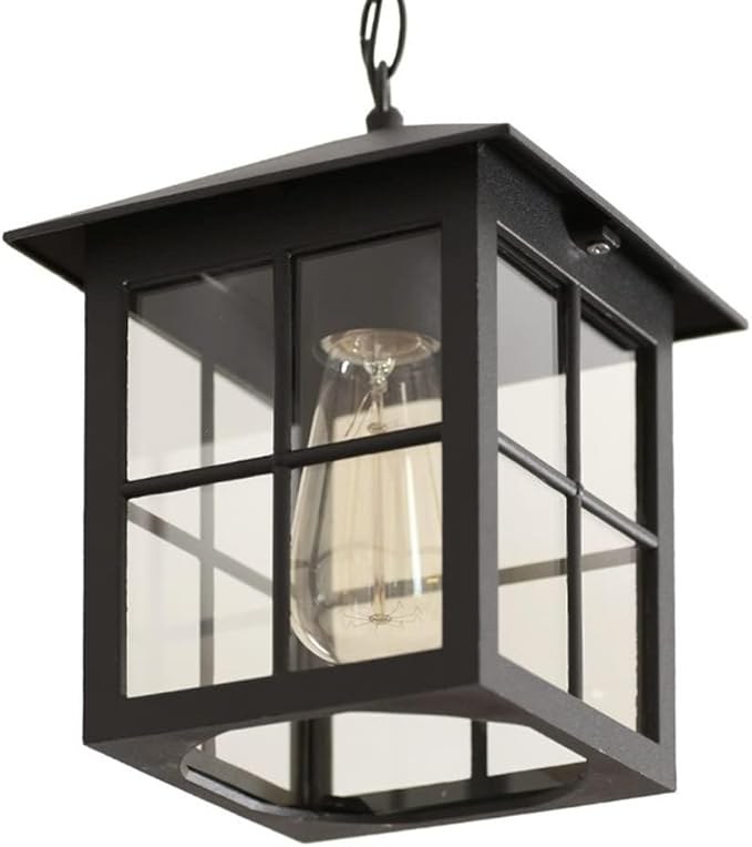 Outdoor Glass Hanging Lamp, Pendant Light Height Adjustable for Porch Garden Courtyard Gazebo Suspension Light(Black), Size