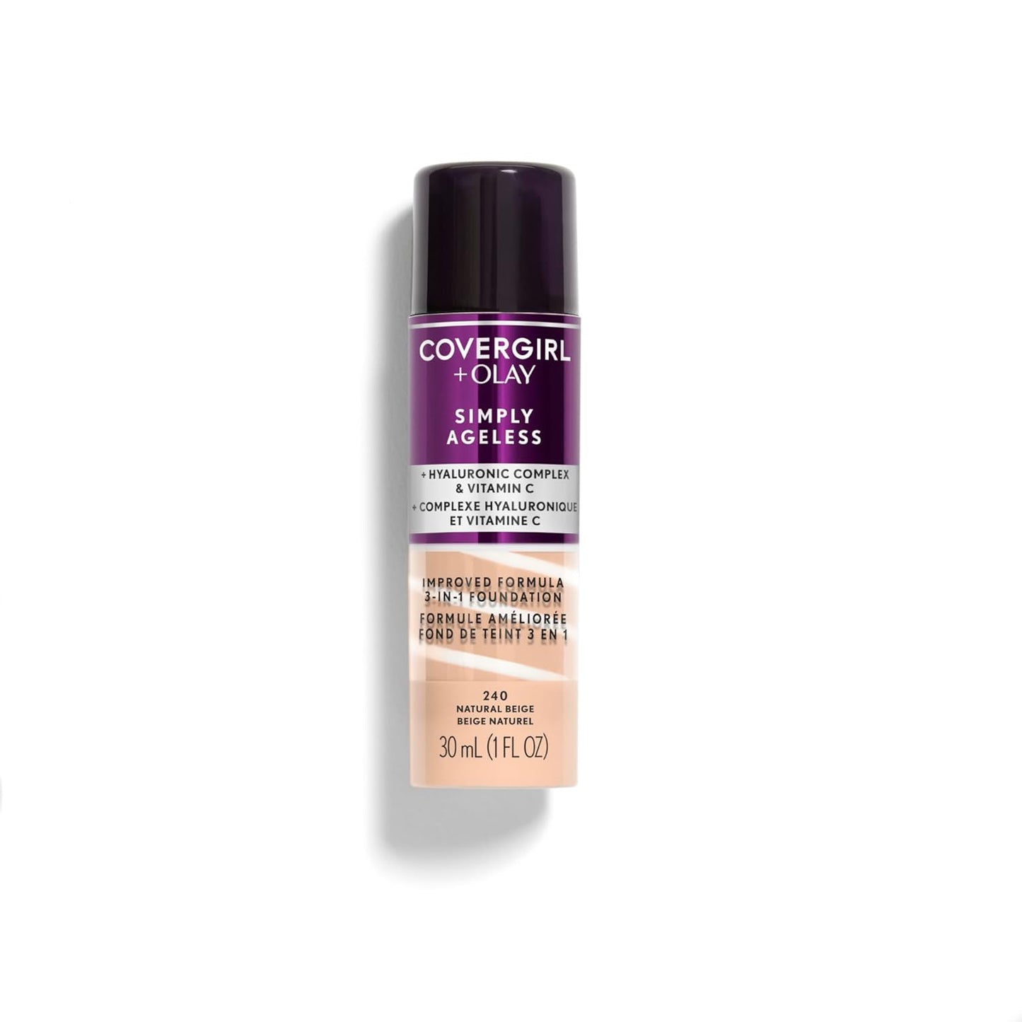 COVERGIRL & Olay Simply Ageless 3-in-1 Liquid Foundation, Matte Finish, Hyaluronic & Vitamin C Formula, 240 Natural Beige, 1 Count