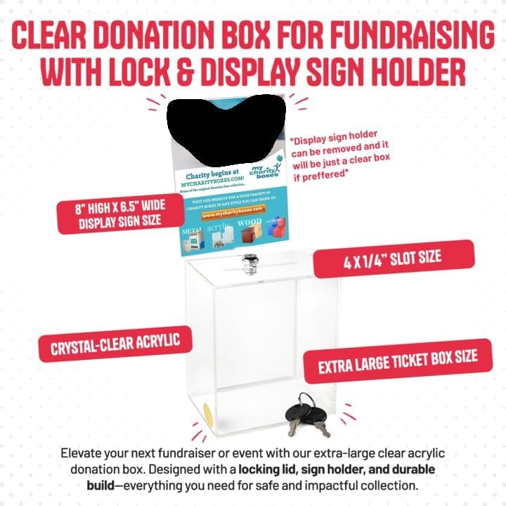 Clear Donation Box for Fundraising with Lock & Display Sign Holder, Raffle Box, Tip Box, Secure Ballot Box and Suggestion Box with Slot, Extra Large Ticket Box Size 16" x 8" x 6"