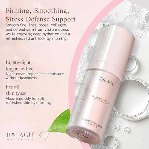 BeLagu Collagen Boosting Night Cream with Bakuchiol & Adaptogenic Mushrooms - Natural Retinol Alternative Moisturizer for Firming, Smoothing & Stress Defense - Vegan Skincare Face Cream (1 fl oz)