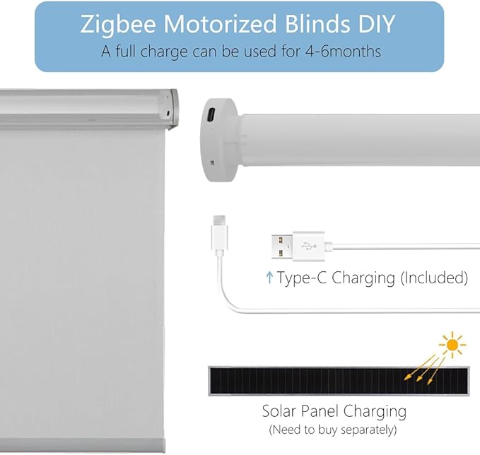 Solar ZigBee Smart Roller Shade Motor for 1.5" Tube (38mm) | Rechargeable Electric Blind Motor Kit | Wire-Free Retrofit Driver | Compatible with Alexa & Google Home (Hub Required) (1.1 N.m Torque)