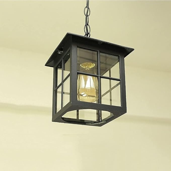 Outdoor Glass Hanging Lamp, Pendant Light Height Adjustable for Porch Garden Courtyard Gazebo Suspension Light(Black), Size