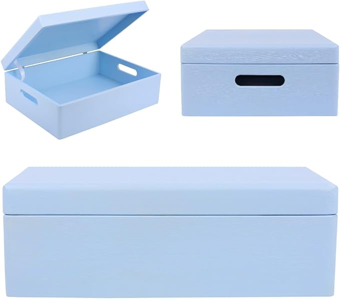 XL Blue Wooden Box Storage with Hinged Lid | 15.8 x 11.8 x 5.5 inches (+-0.5) | with Handles | Gift Box Storage Document | Product NOT Intended for 15 Years OR Below