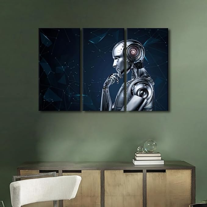TUMOVO Robot Wall Art AI Intelligence Canvas Art Prints Artwork 3 Pieces Canvas Wall Art Wall Decor AI Posters and Prints Contemporary Home Decor Framed Ready to Hang, 42" Wx28 H