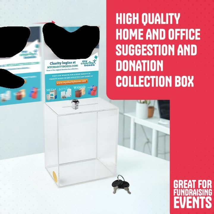 Clear Donation Box for Fundraising with Lock & Display Sign Holder, Raffle Box, Tip Box, Secure Ballot Box and Suggestion Box with Slot, Extra Large Ticket Box Size 16" x 8" x 6"