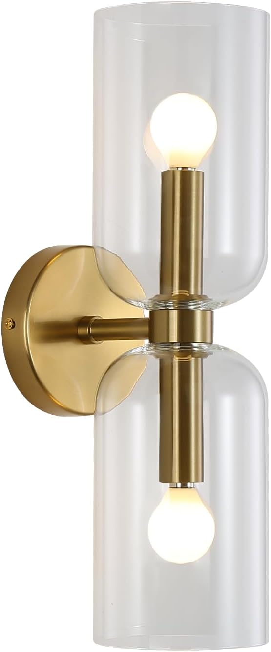 Minimalist 2-Light Gold Wall Sconces with Cylinder Glass Shades- Mid Century Vanity Wall Double Lights Hardwired- Modern Indoor Glass Wall Mounted Art Decor Lights (Clear, 1 Pack)