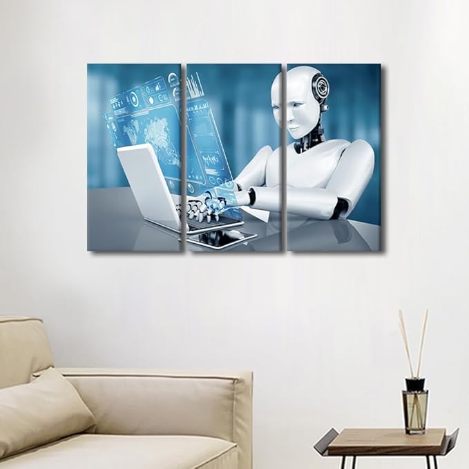 3 Pieces Wall Art Robot Paintings for Home Wall Decorations Big Data Analysis Canvas Prints AI Intelligence Artwork for Home Walls Contemporary Home Decor Framed Ready to Hang Posters, 42"Wx28"H