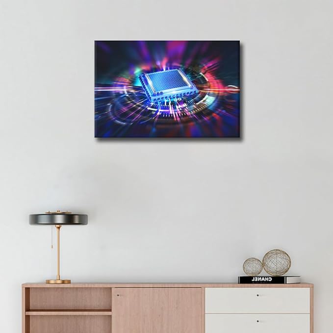 AI Canvas Wall Art for Bedroom Living Room Computer Chip Modern Home Decor CPU Concept Painting Pictures Futuristic CPU Office Wall Decor Contemporary House Artwork Frame Ready to Hang, 24x16in
