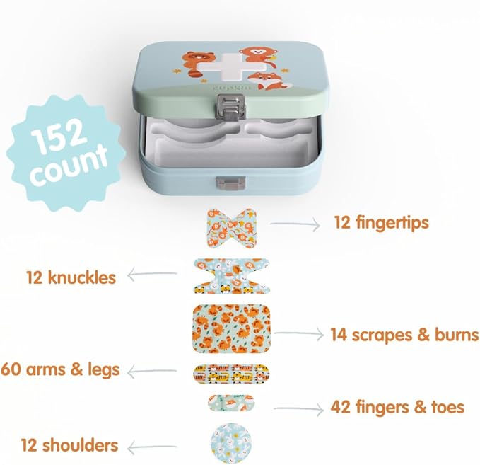 Cupkin Adhesive Bandages for Toddlers and Big Kids, Heal in Style with Fun, Colorful Designs Perfect for Boys and Girls, Comes in Reusable Cute First Aid Kit Metal Tin, Wild Animals, 152 Count