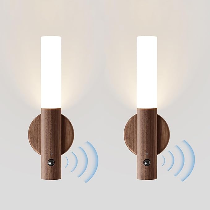 Rechargeable Night Light Motion Sensor Battery Operated Wall Sconces Set of Two Wireless Portable Wall Lights Magnetic for Hallway Bedroom Cabinet, 3000K Warm White