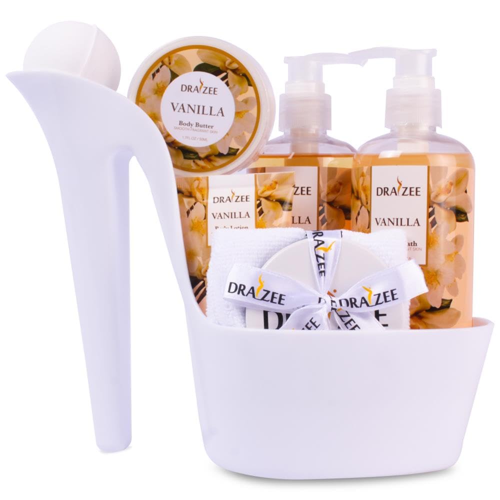 Luxury Spa Gifts for Women – 8 Pc Vanilla Scented Bath and Body Set with Bubble Bath, Lotion & More – Luxury Self Care Kit for Wife, Mom, Girlfriend, Birthday Gifts for Women by Draizee
