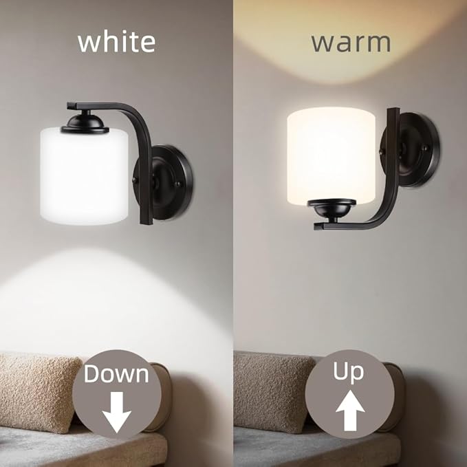 Wall Sconce 2-Light, Modern Wall Lighting Fixture, Bathroom Vanity Lights with Matte Black Wall Lamp for Mirror Bedroom Kitchen Hallway Porch, Milky White Glass Shades, E26 Socket, Bulbs Not Included