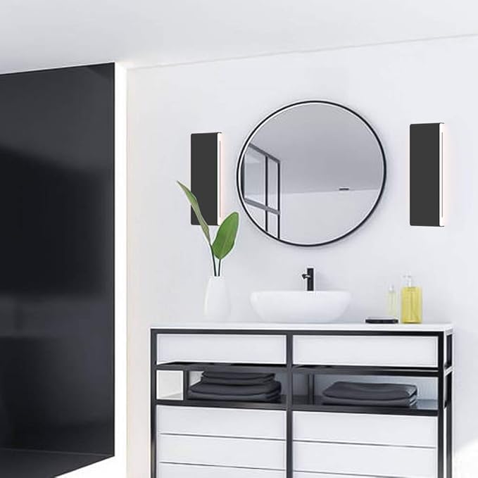 Ralbay 15.7in LED Modern Matte Black Wall Sconce 2-Pack Aluminum Indoor LED Up and Down Modern Bathroom Wall Lighting Fixtures 14W Warm White Light 3000K
