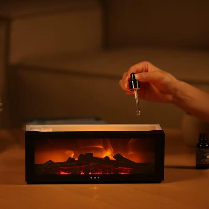 Fireplace Aroma Diffuser Humidifier, 7 Color Changing Essential Oil Diffuser with Realistic Flame Effect, Ultrasonic Quiet Aromatherapy Humidifier for Bedroom, Office, Home, Yoga Meditation (White)