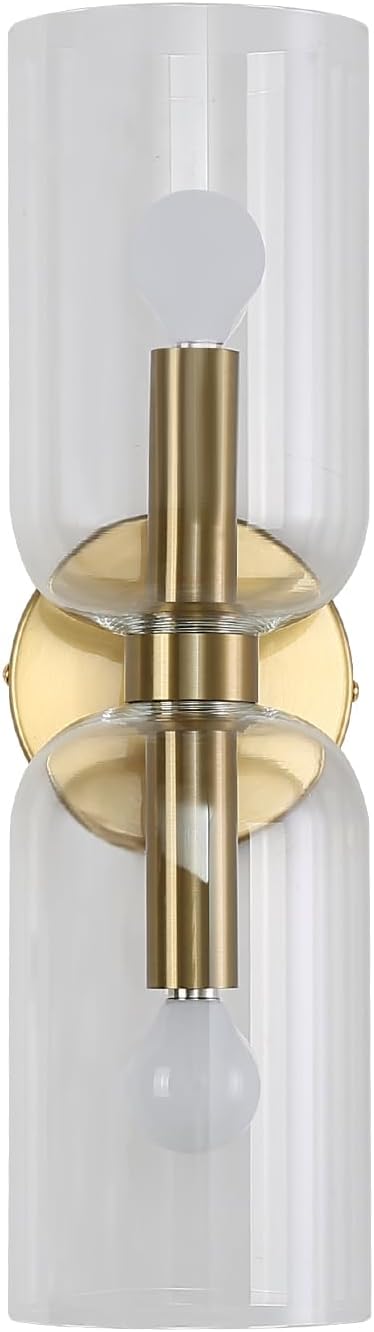 Minimalist 2-Light Gold Wall Sconces with Cylinder Glass Shades- Mid Century Vanity Wall Double Lights Hardwired- Modern Indoor Glass Wall Mounted Art Decor Lights (Clear, 1 Pack)