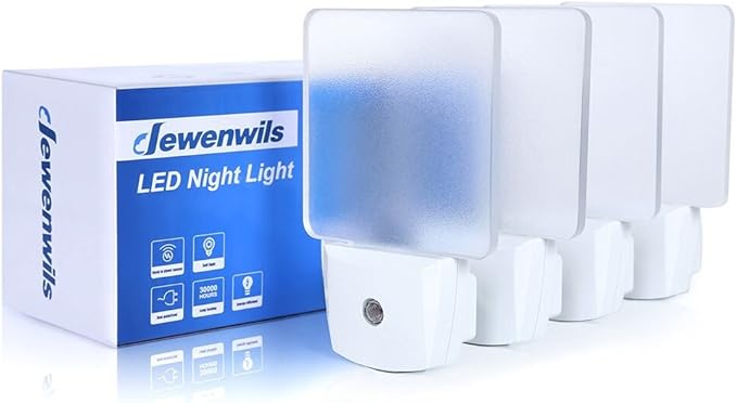 DEWENWILS Plug in LED Night Light with Light Sensor, Dusk to Dawn, Kids Nightlight for Nursery, Bathroom, Hallway, Bedroom, Cool White Light, Flat Clear Design, UL Listed, 4 Pack