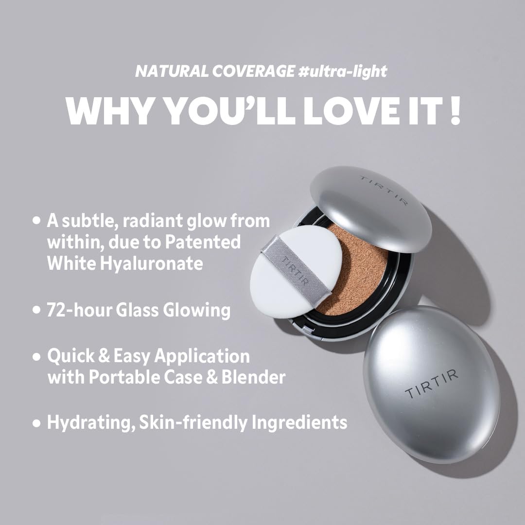 TIRTIR Mask Fit Aura Silver Cushion Foundation | Semi-glow Finish, Natural Coverage, Moisturizing, Lightweight, Korean cushion foundation (#21C Cool Ivory, Full Size, 0.63 Fl Oz)
