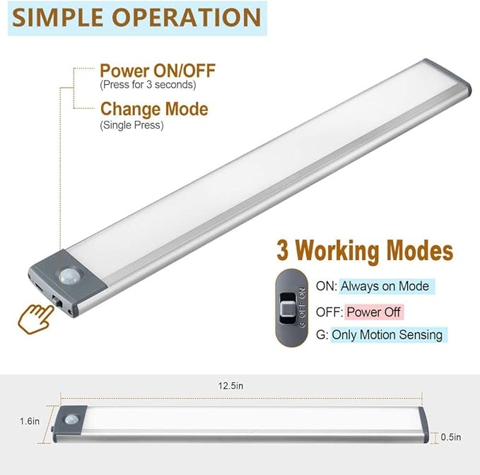 2 Pack 54LED Under Cabinet Lights, 12.5 Inch Bright Wireless Motion Sensor Light 7000K with 2200mAh USB-C Rechargeable Magnetic Mount for Kitchen, Closet & Stairs
