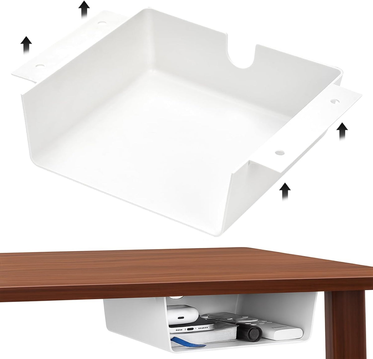 2 Pack Under Desk Hanging Shelf Drawer Organizer, Attachable Plastic Hidden Storage Tray, Easy Adhesive Mount Holder for Standing Tables, Office, Counters, Cabinets, Workstations - White