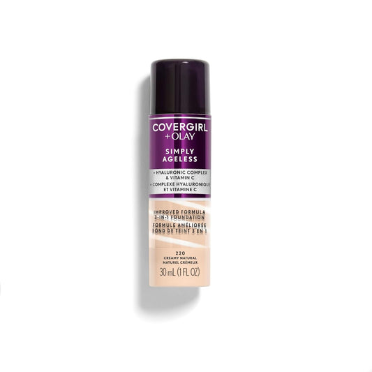 CoverGirl & Olay Simply Ageless 3-in-1 Liquid Foundation, Matte Finish, Hyaluronic & Vitamin C Formula, Creamy Natural, 1 Count