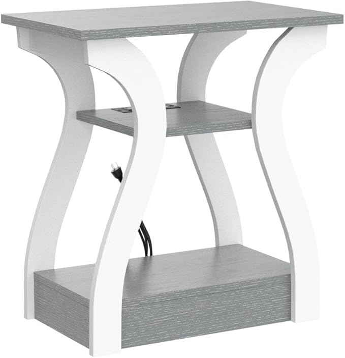 End Tables Living Room, Grey End Table with Charging Station, Grey Side Table, Nightstand for Bedroom, 3 Tier End Table with Storage Shelf for Living Room