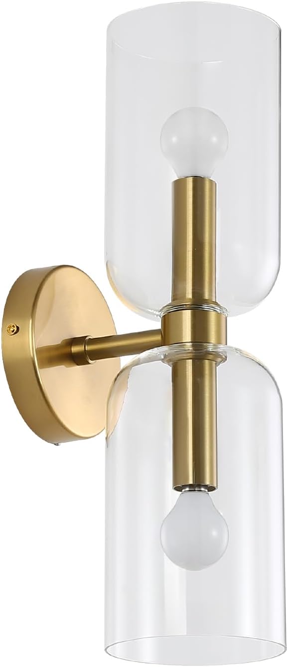 Minimalist 2-Light Gold Wall Sconces with Cylinder Glass Shades- Mid Century Vanity Wall Double Lights Hardwired- Modern Indoor Glass Wall Mounted Art Decor Lights (Clear, 1 Pack)