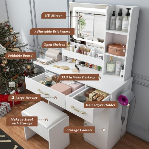 Makeup Vanity Desk with Mirror and Lights, Vanity Table Set with Storage Drawers, Charging Station & Storage Stool, Large Dressing Table for Women Girls Bedroom, White