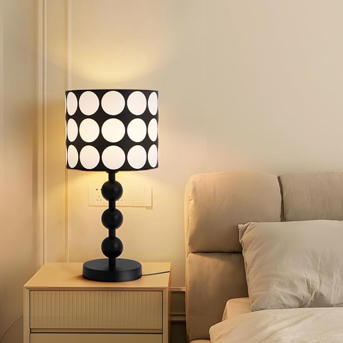 Black Bedside Table Lamp,White Dot Pattern Shade,Modern Black Tall Desk Lamp for Living Room,Bedroom,Nightstand,Office,Metal Base,Fabric Shade,Simple Side Table Lamps,E26 E27 Base,Button Switch