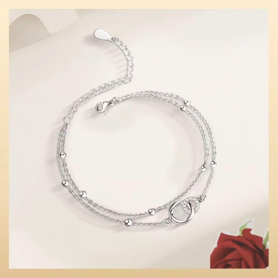 Sister Birthday Present : Cool Gifts for Adult Sister - Sterling Silver Interlocking 2 Circles-Dainty Layering Bracelets for Sisters, Christmas Valentine's Day Jewelry Gifts for BFF